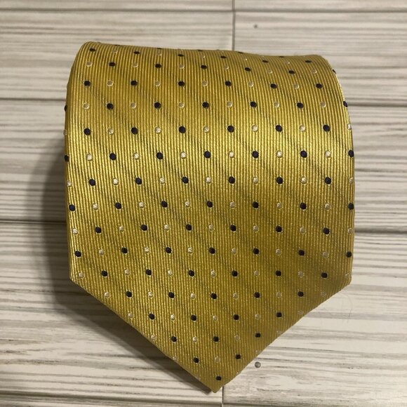 Tommy Hilfiger Tie Extra Long Yellow With Blue /White Polka Dots 100% Silk - EUC - Picture 1 of 5